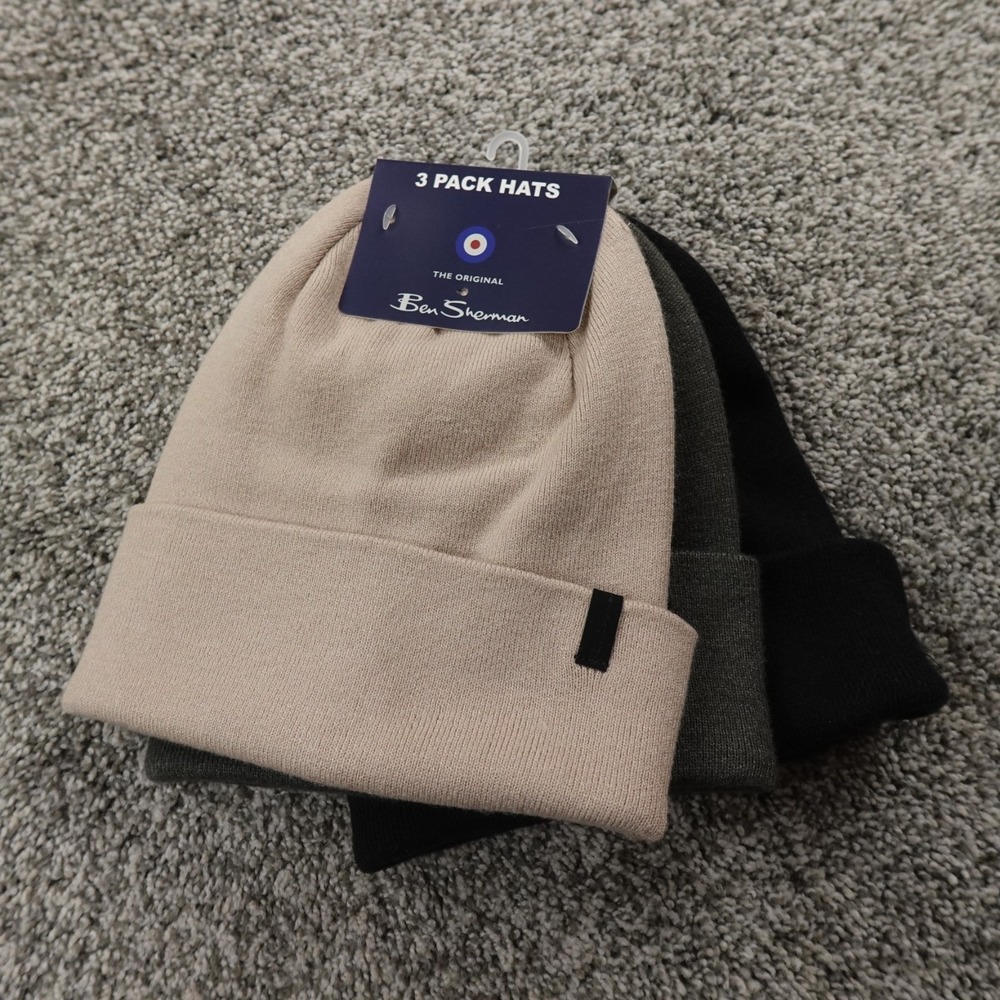 NEW Ben Sherman Hat Beanie Cap Mens One Size Black Gray Beige Knit 3 Pack Warm